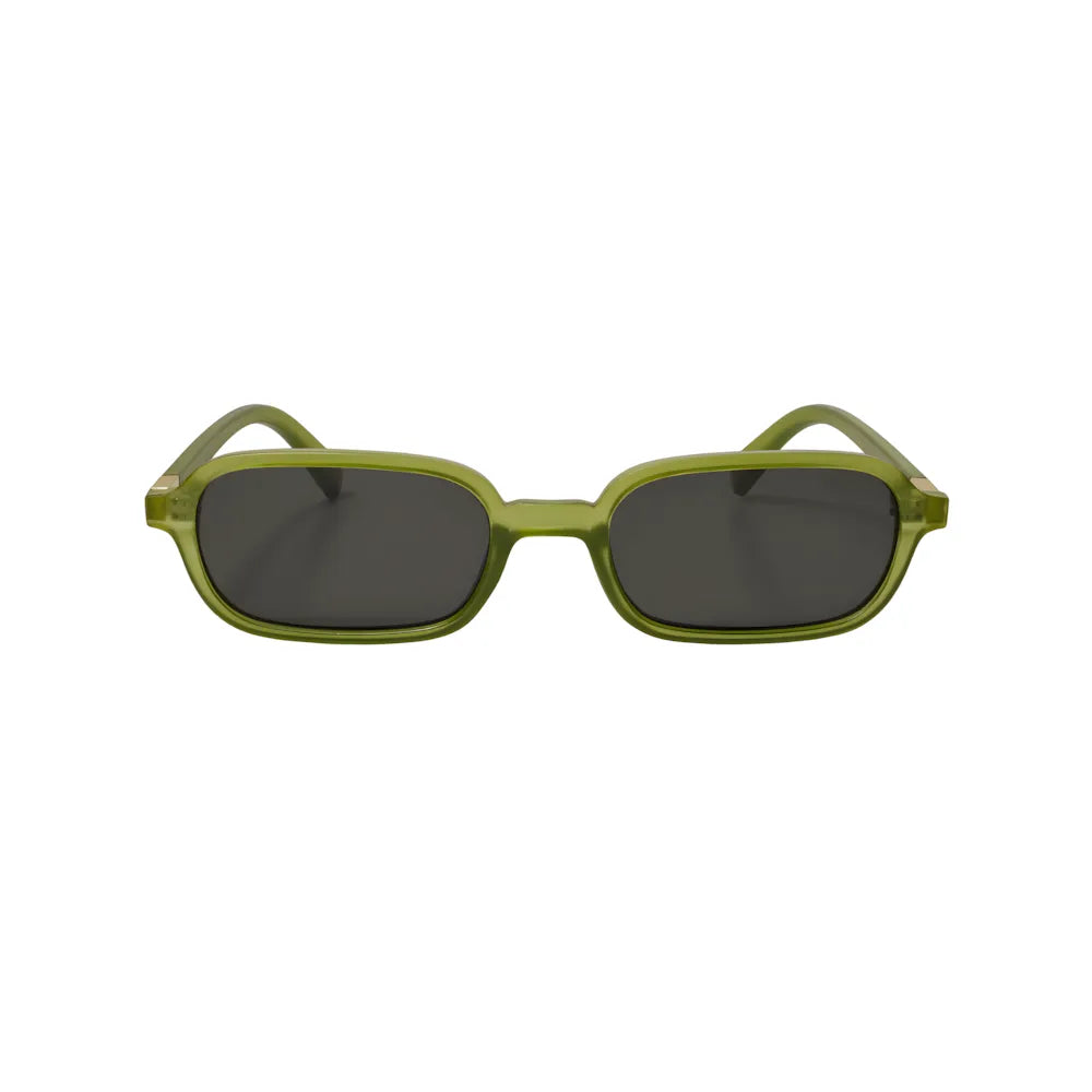 Narrow rectangular acetate sunglasses with green frame and black polarized lenses, front view — HARO Amalfi Sails