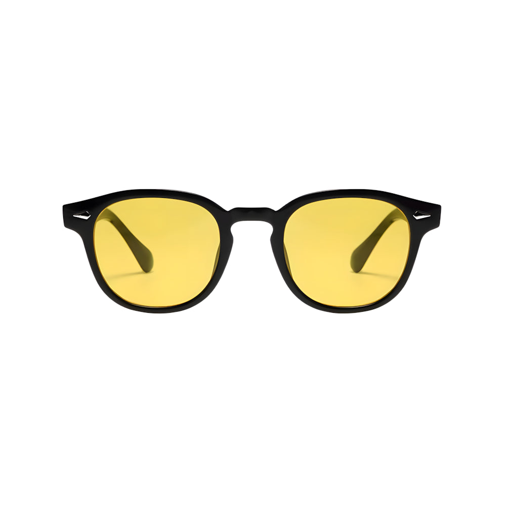 Small round acetate sunglasses with black frame and yellow polarized lenses, front view — HARO Antibes 1923