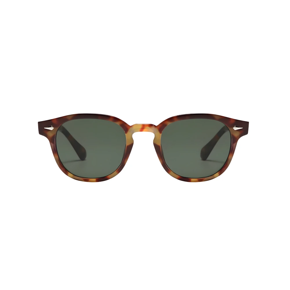 Small round acetate sunglasses with tortoise frame and green polarized lenses, front view — HARO Antibes 1923