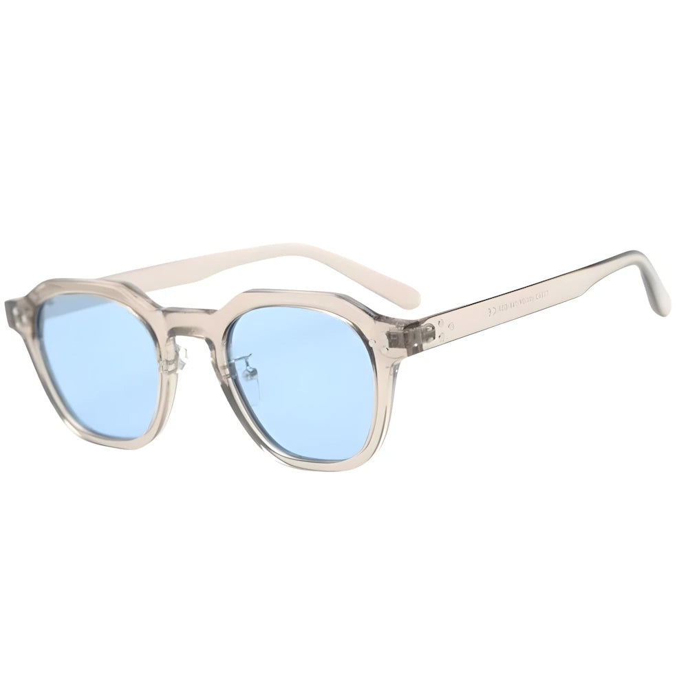 Crystal acetate round sunglasses with blue lenses, side angle — HARO Cannes 1946