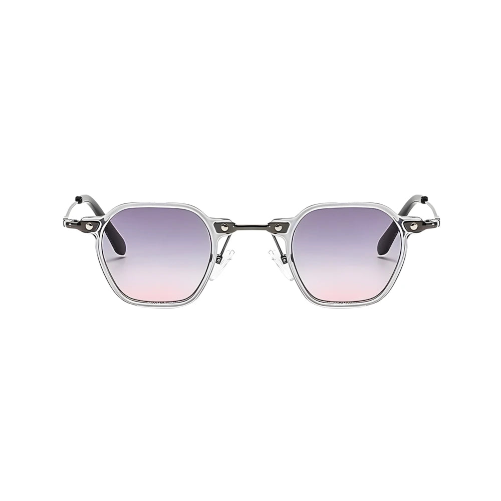 Small hexagonal metal sunglasses with crystal frame and purple polarized lenses, front view — HARO Porto Cervo