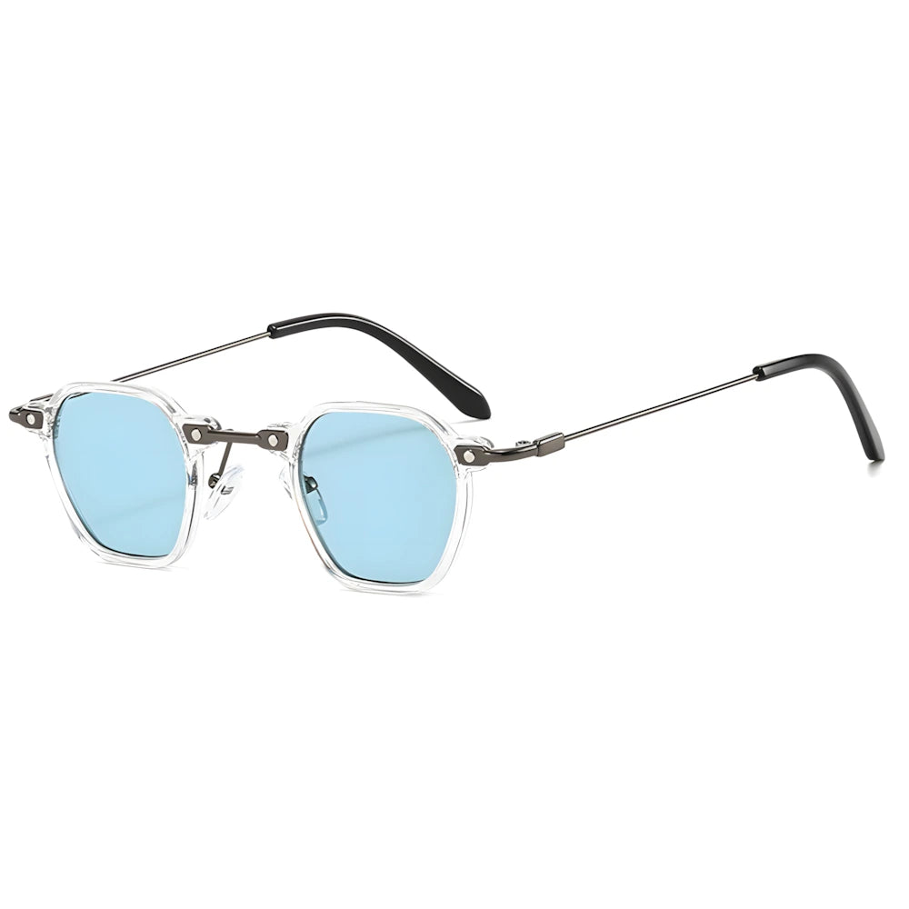 Hexagonal metal sunglasses with silver frame and blue lenses, side angle — HARO Porto Cervo