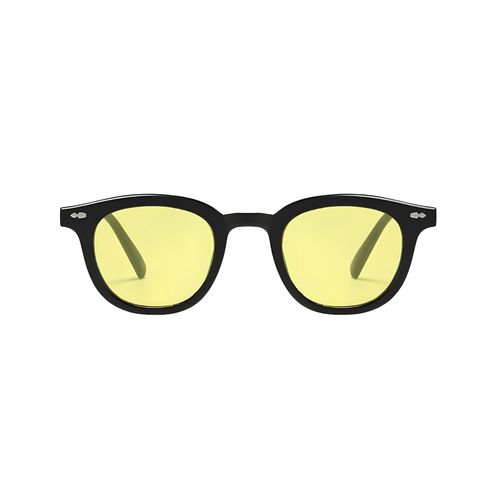 Classic round acetate sunglasses with black frame and yellow polarized lenses, front view — HARO Portofino 7PM