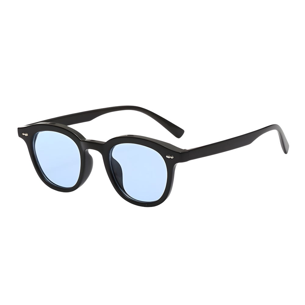 Classic round sunglasses with black frame and blue lenses, side angle — HARO Portofino 7PM