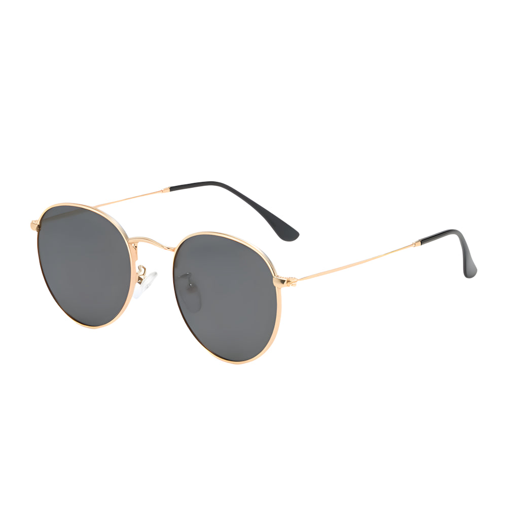 Round metal sunglasses with gold frame and black lenses, side angle — HARO Portovenere 1952