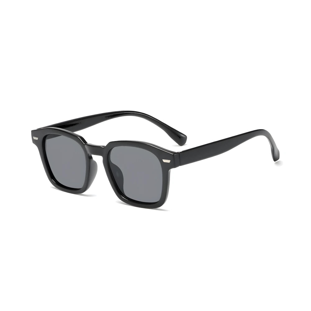 Square acetate sunglasses with black frame and black lenses, side angle — HARO Positano Fornillo