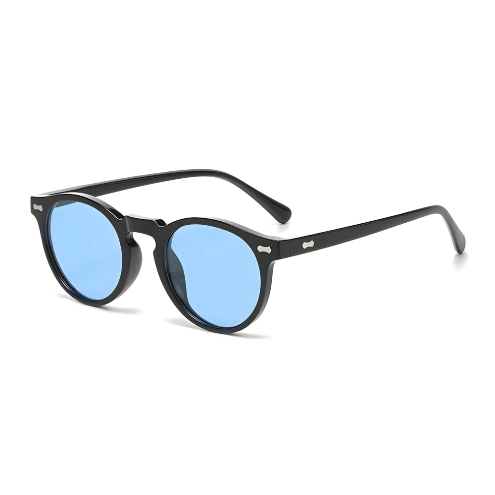 Round sunglasses with black frame and blue lenses, side angle — HARO Ravello Infinity