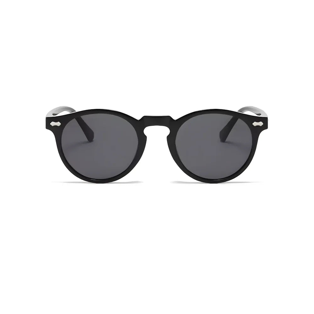 Vintage round sunglasses with black frame and black polarized lenses, front view — HARO Ravello Infinity
