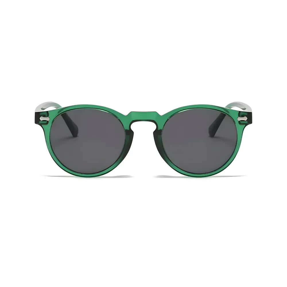 Vintage round sunglasses with emerald ember frame and black polarized lenses, front view — HARO Ravello Infinity