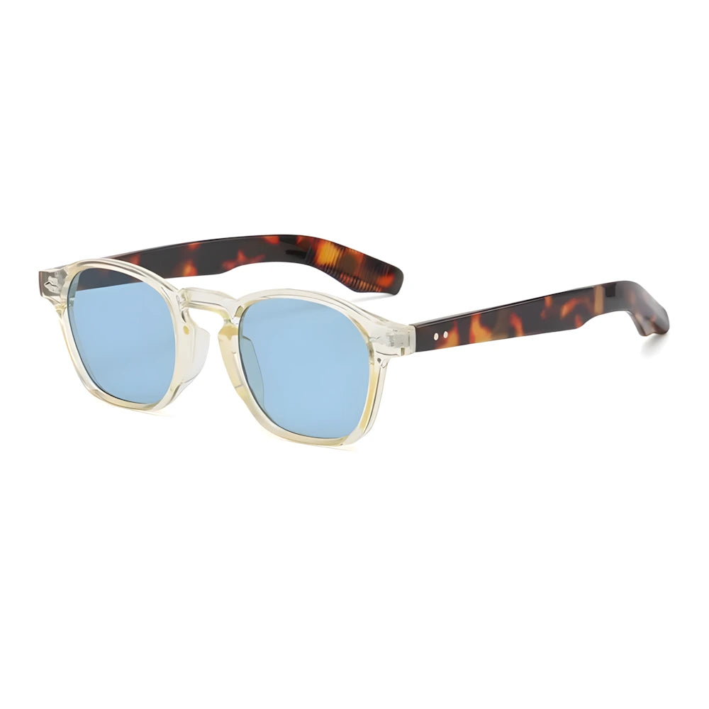 Square sunglasses with tortoise frame and blue lenses, side angle — HARO Riviera 1962