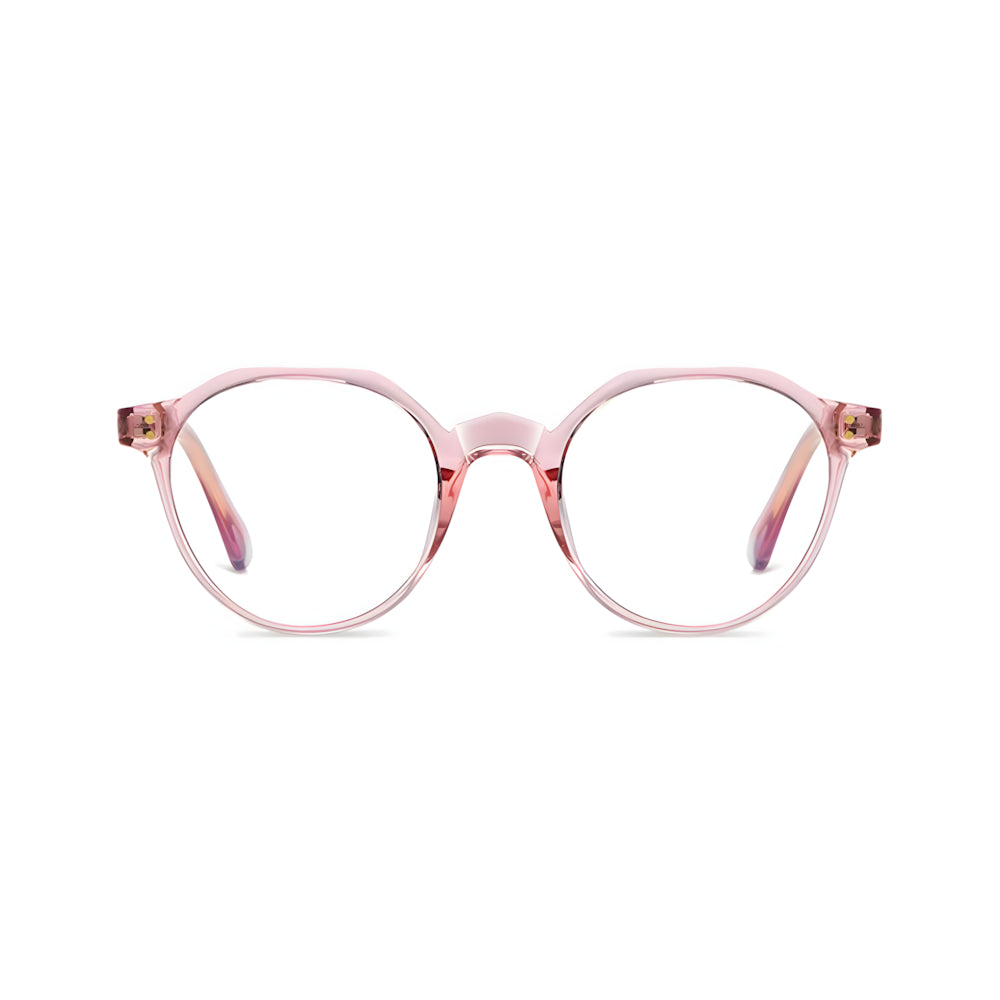 Narrow blue-light glasses with rose/gold frame, front view — HARO St. Moritz '19