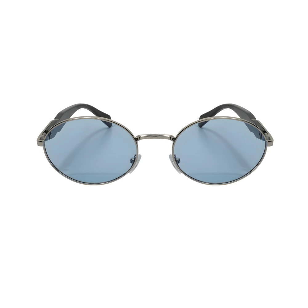 Round sunglasses with double bridge, silver frame and blue polarized lenses, front view — HARO Villefranche Rade