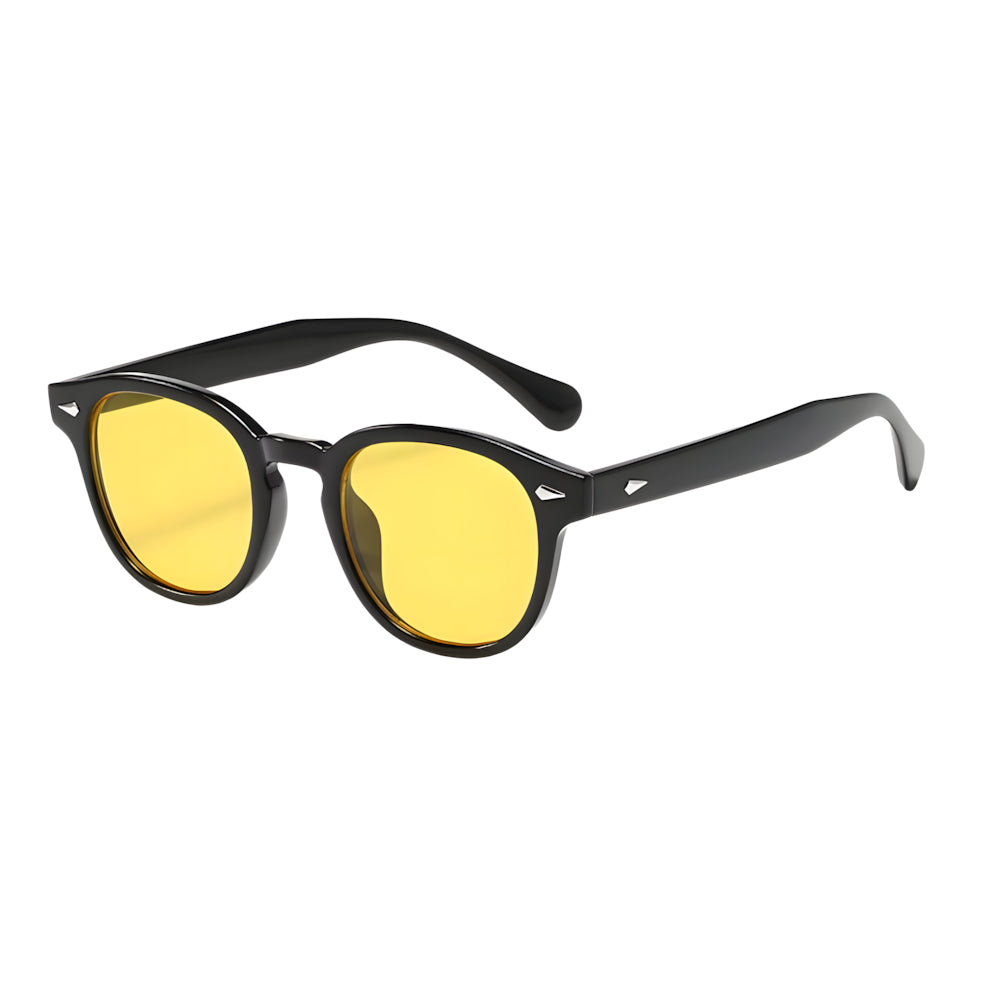 Round sunglasses with black frame and yellow lenses, side angle — HARO Antibes 1923