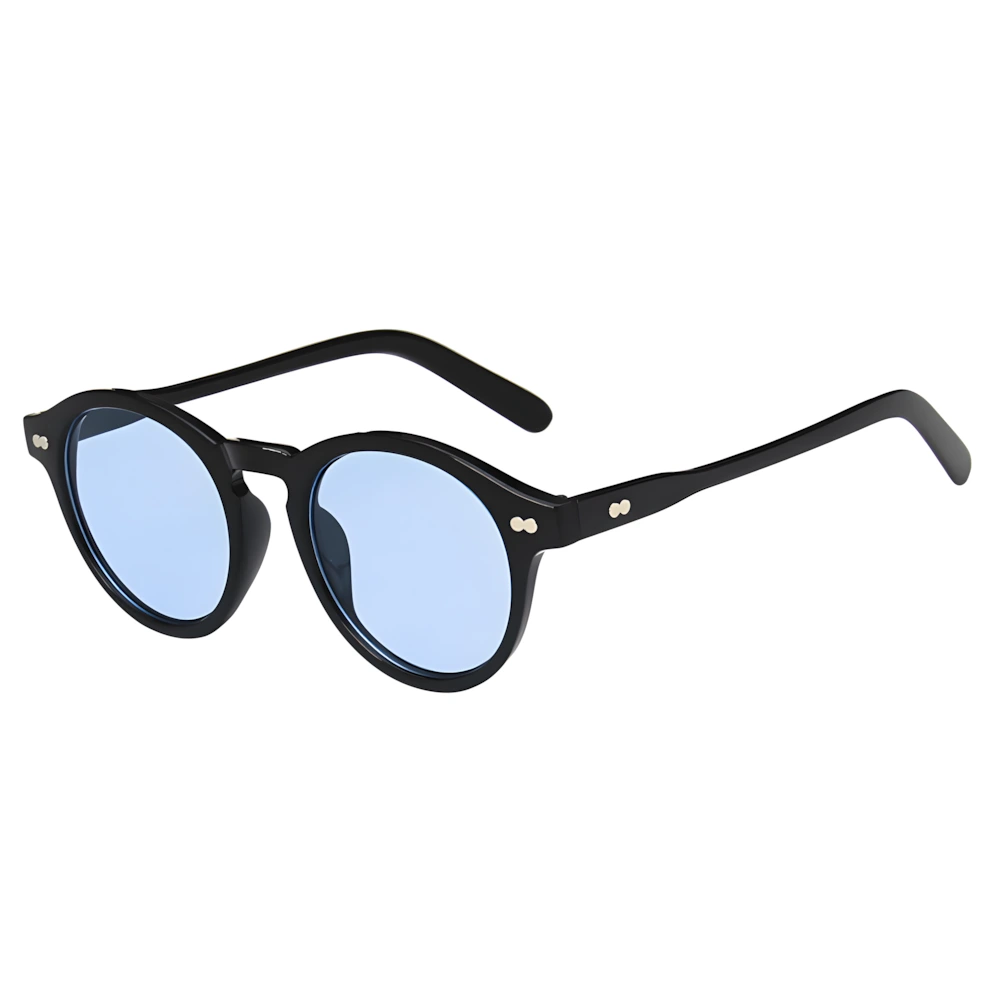 Round acetate sunglasses with black frame and blue lenses, side angle — HARO Bordighera Liguria