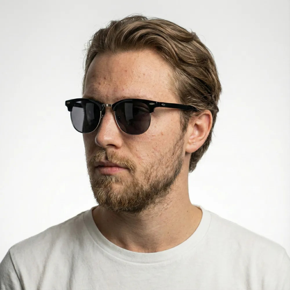 Acetate and metal browline sunglasses, model portrait — HARO Capri Malaparte