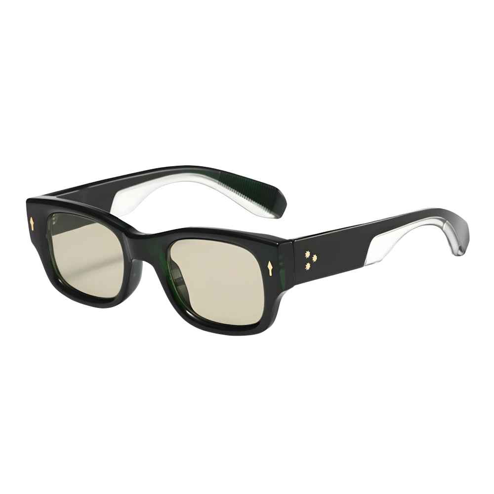 Rectangular acetate sunglasses with green frame and green lenses, side angle — HARO Cinque Terre Manarola