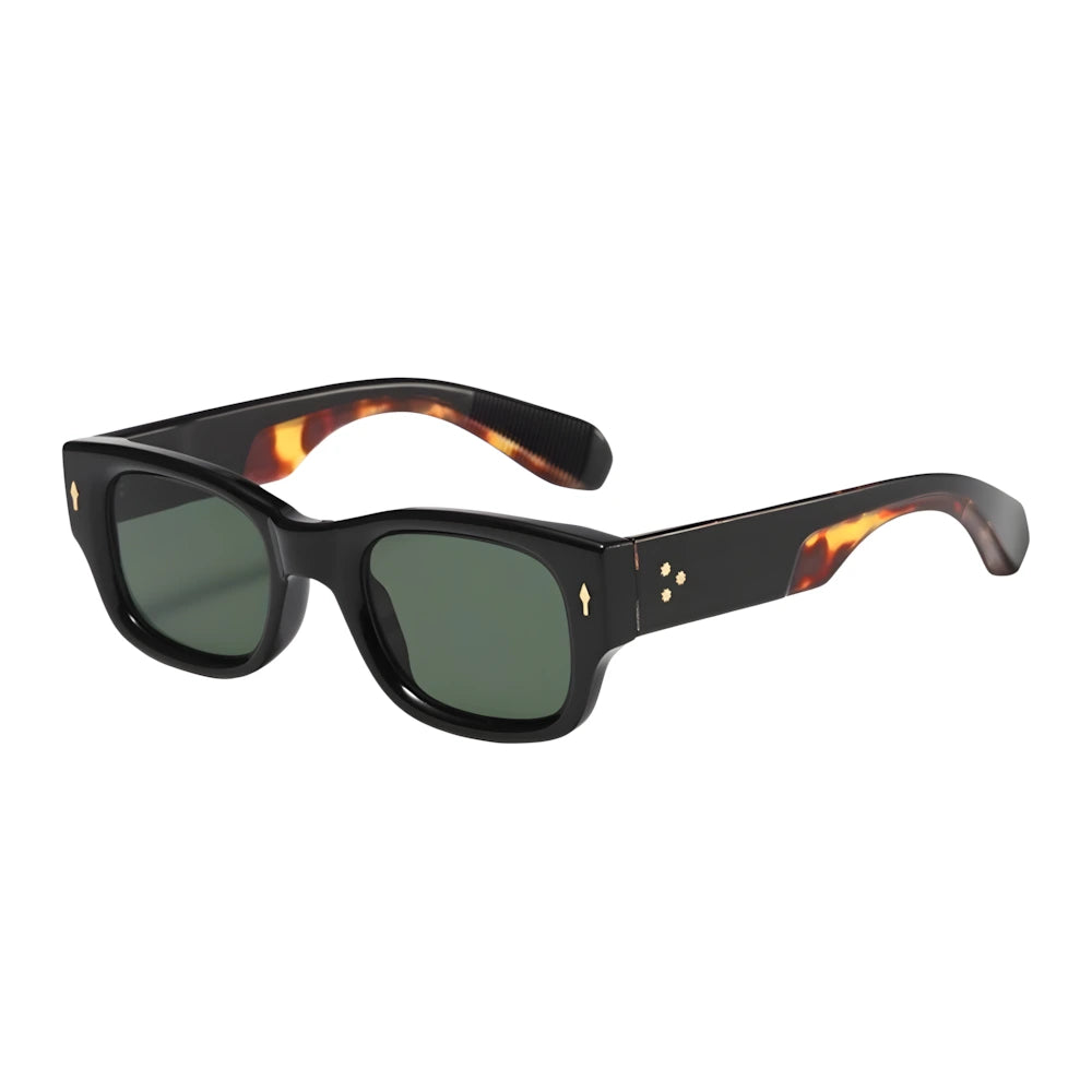 Rectangular acetate sunglasses with black-tortoise frame and green lenses, side angle — HARO Cinque Terre Manarola