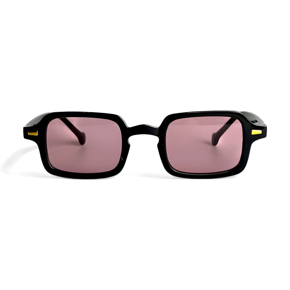 Rectangular acetate sunglasses with black frame and pink polarized lenses, front view — HARO Dolcevita Portofino