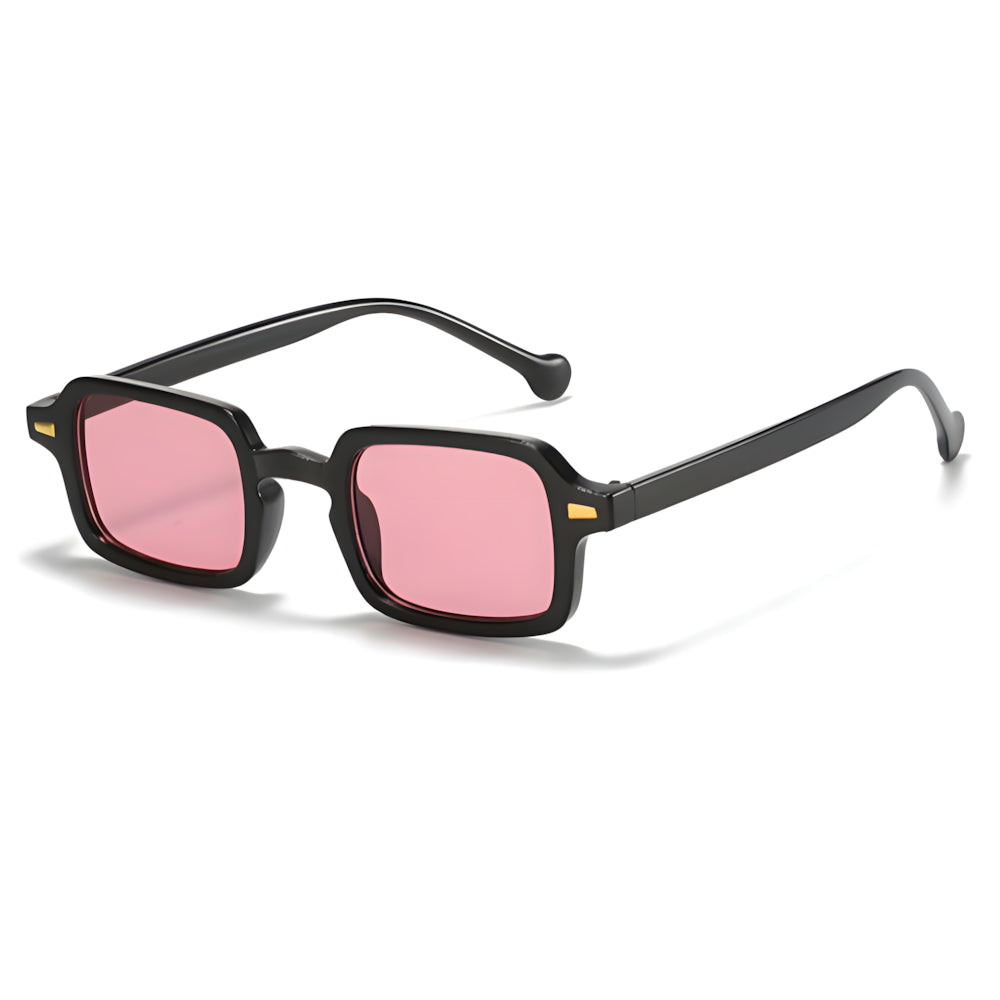 Rectangular acetate sunglasses with black frame and pink lenses, side angle — HARO Dolcevita Portofino