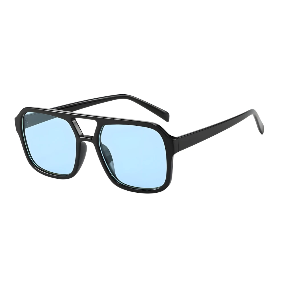 Square aviator sunglasses with black frame and blue lenses, side angle — HARO Monte Carlo 1929