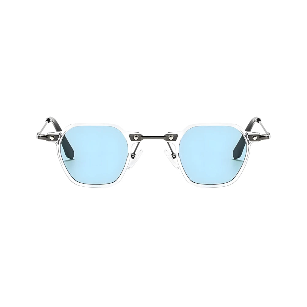 Small hexagonal metal sunglasses with silver frame and blue polarized lenses, front view — HARO Porto Cervo