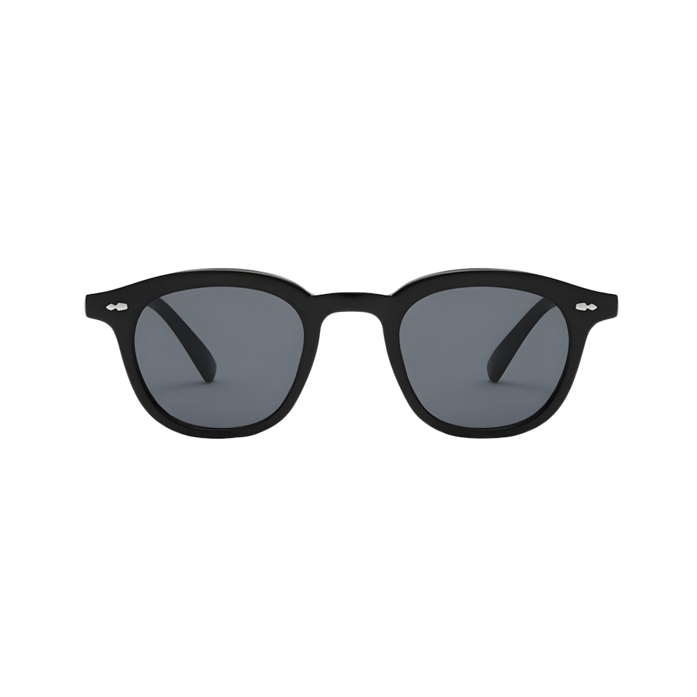 Classic round sunglasses with black frame and black polarized lenses, front view — HARO Portofino 7PM