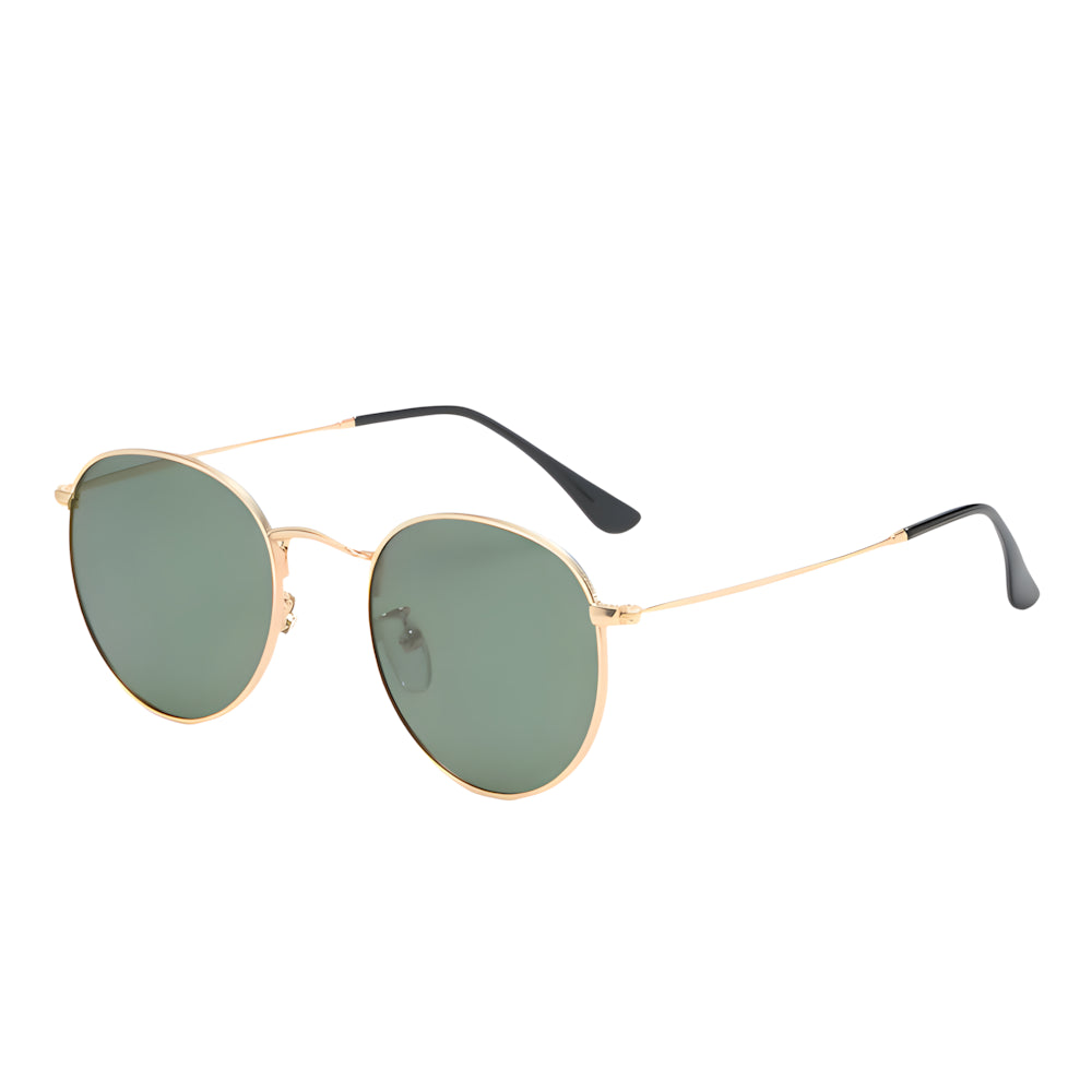 Round metal sunglasses with gold frame and green lenses, side angle — HARO Portovenere 1952