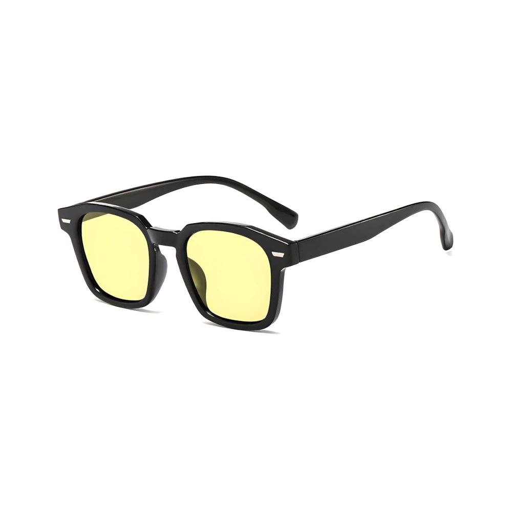 Square acetate sunglasses with black frame and yellow lenses, side angle — HARO Positano Fornillo