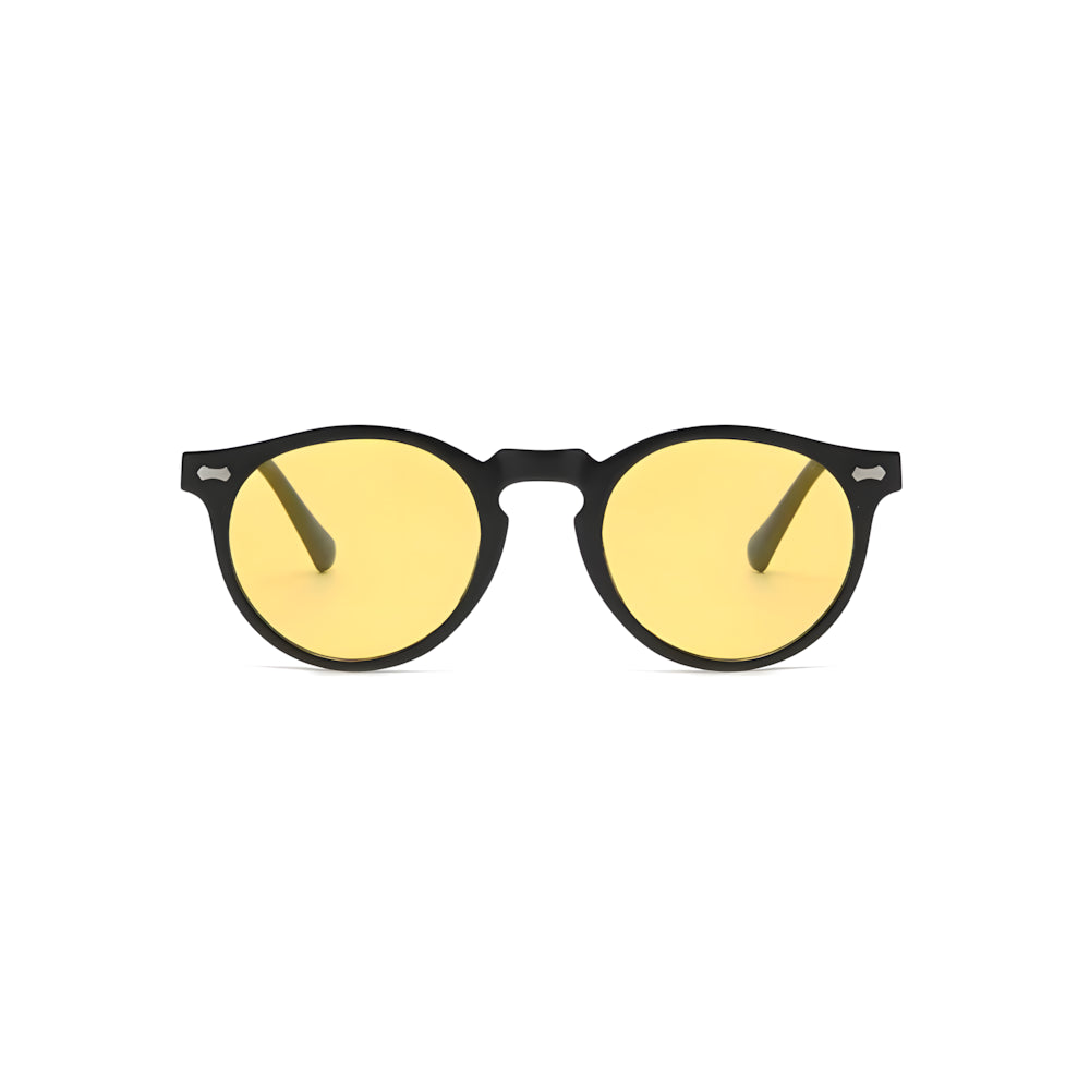 Vintage round sunglasses with black frame and yellow polarized lenses, front view — HARO Ravello Infinity