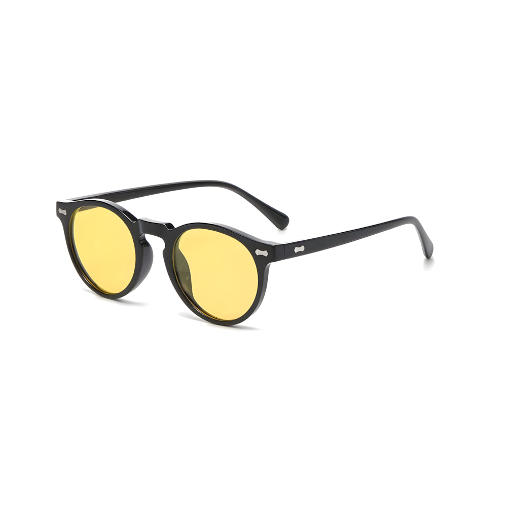 Round sunglasses with black frame and yellow lenses, side angle — HARO Ravello Infinity