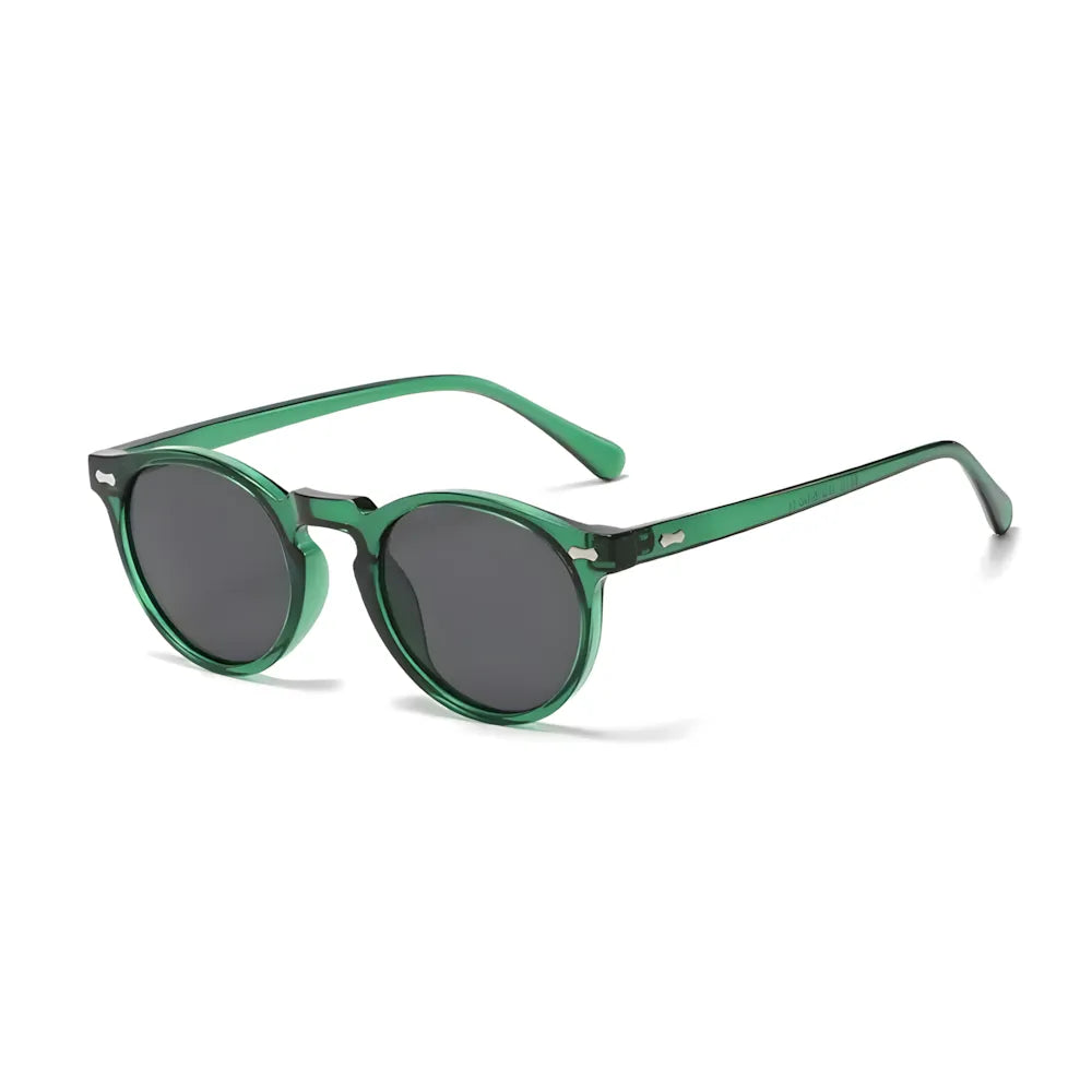 Round sunglasses with emerald ember frame and black lenses, side angle — HARO Ravello Infinity