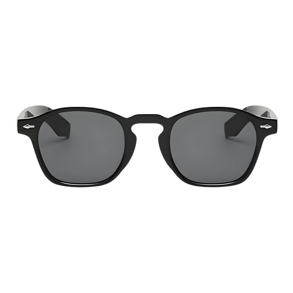 Oversized square sunglasses with black frame and black polarized lenses, front view — HARO Riviera 1962