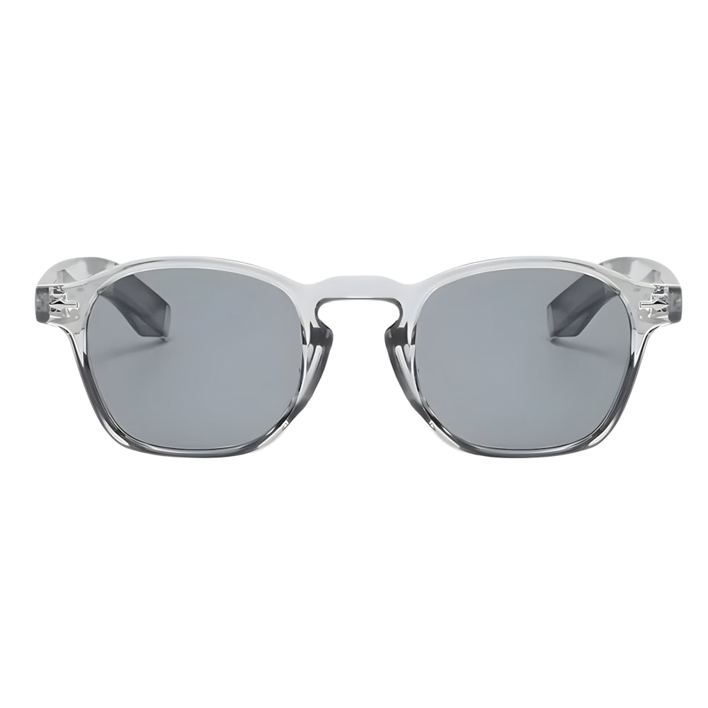 Oversized square translucent crystal sunglasses with black polarized lenses, front view — HARO Riviera 1962
