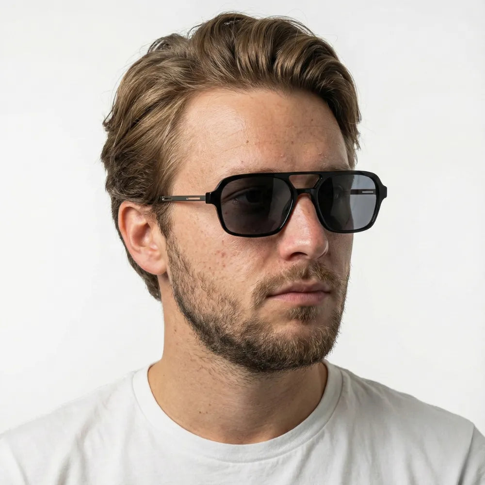 Square aviator sunglasses, model portrait — HARO Saint-Tropez Pampelonne