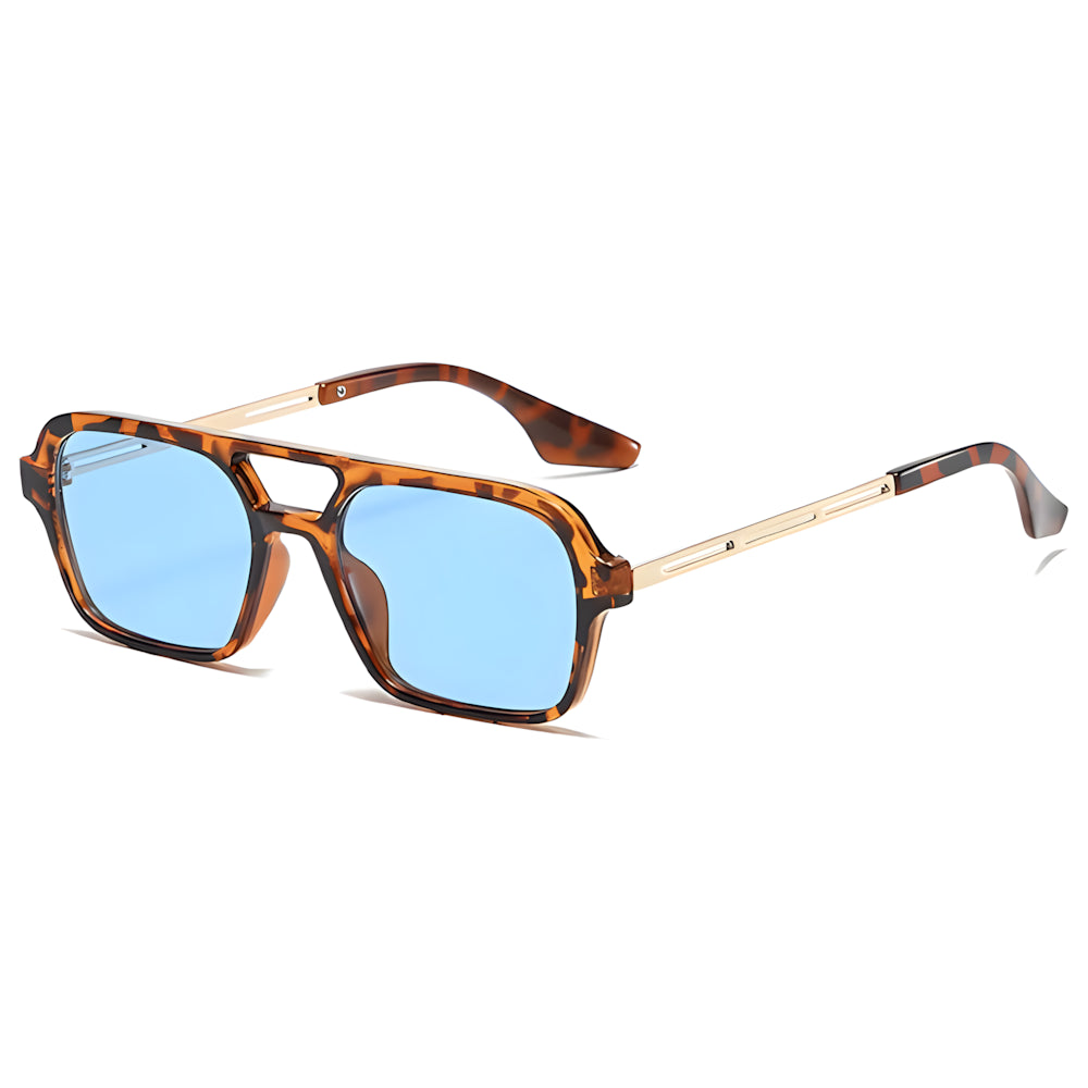 Square aviator sunglasses with tortoise frame and blue lenses, side angle — HARO Saint-Tropez Pampelonne