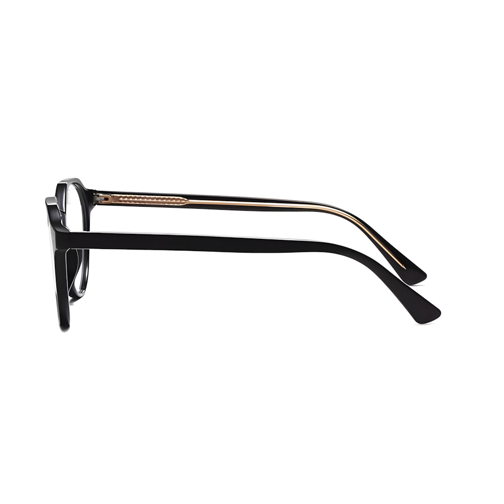Narrow blue-light glasses with black frame, alt angle — HARO St. Moritz '19
