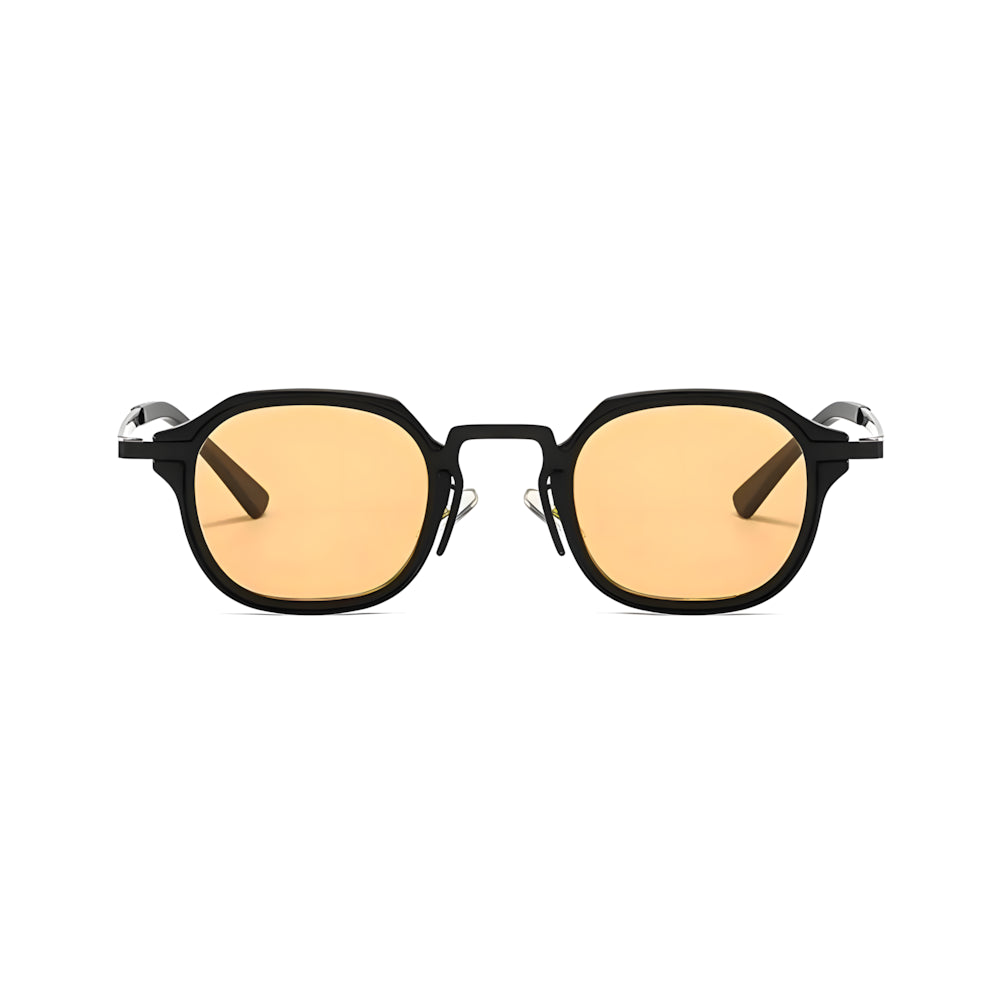 Small round metal sunglasses with black frame and yellow polarized lenses, front view — HARO St. Tropez '56